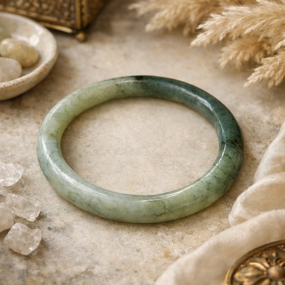 Natural Burmese Jade Bangle Bracelet – Soft Celadon Green, Translucent Stone